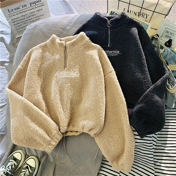 Кашмирено късо палто Модно дамско яке с букви и цип Дебел свободен зимен пуловер Суичър с бродерия Дамски горнища
