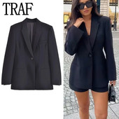 TRAF 2023 Priliehavé čierne sako s dlhým rukávom, jesenné dámske formálne sako, elegantné a mládežnícke sako s vypchávkami na ramenách