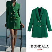 KONDALA 2023 Fashion Vintage Elegant Verde Oversized Long Femei Blazer Office Lady Buzunar Moda Toamnă Jachetă Femeie Business