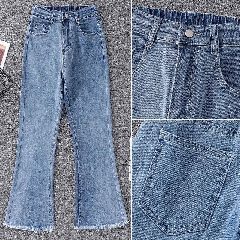 Dámske džínsy s vysokým pásom a raw edge, nadrozmerné 5xl, klasické, s vysokým pásom, s rozšíreným okrajom, kórejská móda, úzke, strečové, džínsové nohavice, univerzálne, streetwear