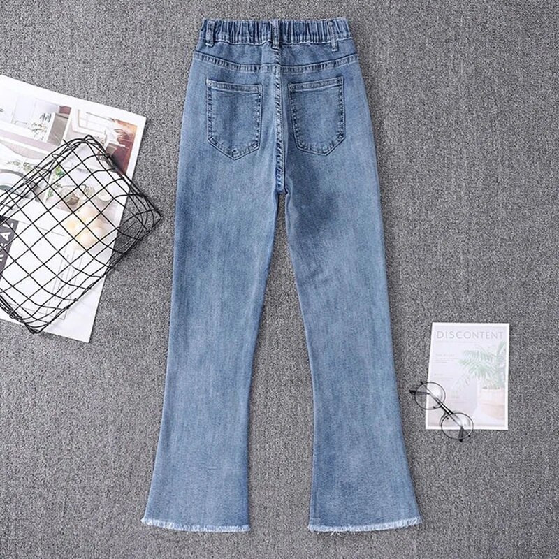 Dámske džínsy s vysokým pásom a raw edge, nadrozmerné 5xl, klasické, s vysokým pásom, s rozšíreným okrajom, kórejská móda, úzke, strečové, džínsové nohavice, univerzálne, streetwear