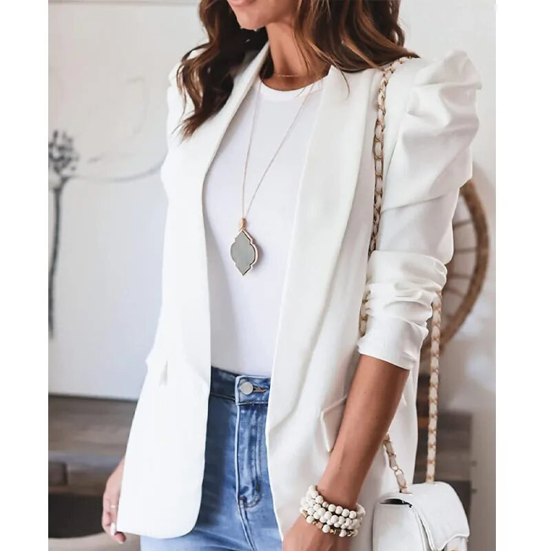 Jarný a jesenný dámsky nový módny dochádzajúci jednofarebný kabát s dlhým rukávom a polo golierom, všestranný pohodlný oblekový kabát