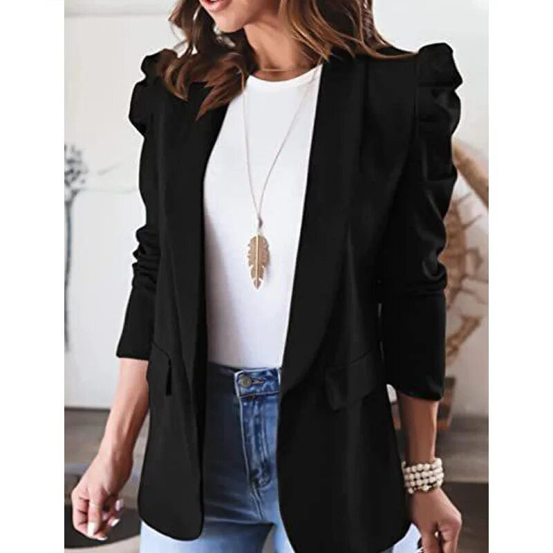 Jarný a jesenný dámsky nový módny dochádzajúci jednofarebný kabát s dlhým rukávom a polo golierom, všestranný pohodlný oblekový kabát