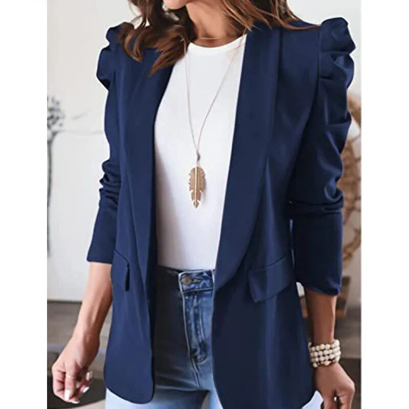 Jarný a jesenný dámsky nový módny dochádzajúci jednofarebný kabát s dlhým rukávom a polo golierom, všestranný pohodlný oblekový kabát