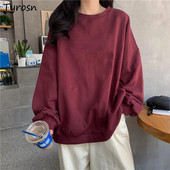 Hanorace fără pălărie pentru femei, elegante, solidă, burgundă, la modă, Ulzzang, toate se potrivesc, cu gâtul în formă de O, Topuri cu mânecă lungă în stil japonez
