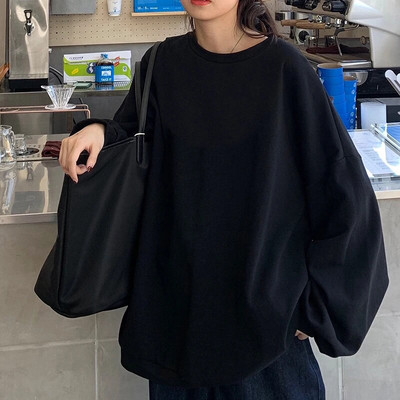 Hanorace fără pălărie pentru femei, elegante, solidă, burgundă, la modă, Ulzzang, toate se potrivesc, cu gâtul în formă de O, Topuri cu mânecă lungă în stil japonez