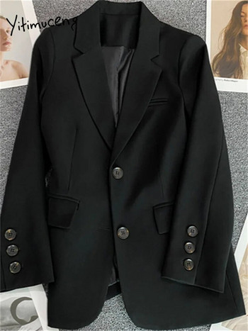 Yitimuceng Блейзър с отложна яка за жени 2023 г. Нова мода Свободни ежедневни офис дамски палта Едноредно плътно шикозно яке