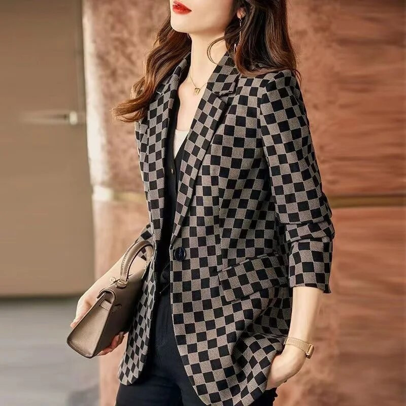 Blazer cu zăbrele cu îmbrăcăminte cu buton cu rever de modă Îmbrăcăminte pentru femei Toamna 2023, Topuri casual supradimensionate Blazere pentru dama de birou