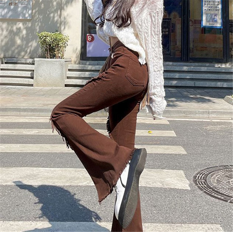 Negabaritinis 4xl kutai aukštu juosmeniu suskaldytas kutai varpelio apačia Džinsai Korėjos mados gatvės apranga Džinsinės kelnės Nauji vintažiniai tamprūs džinsai Moteris