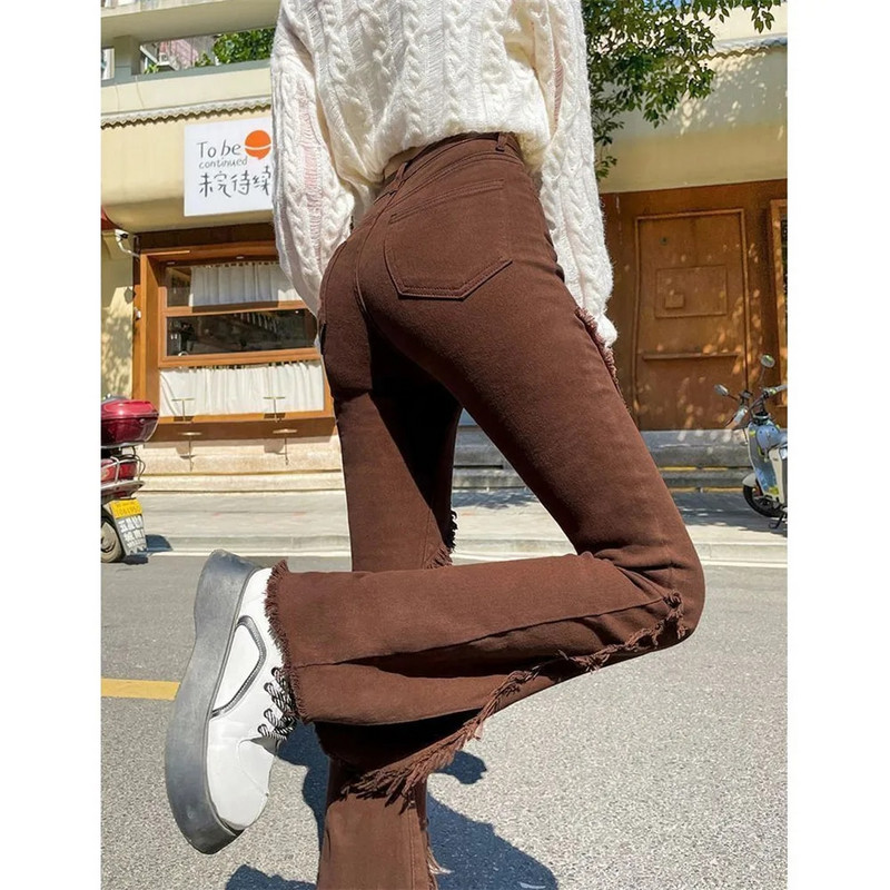 Negabaritinis 4xl kutai aukštu juosmeniu suskaldytas kutai varpelio apačia Džinsai Korėjos mados gatvės apranga Džinsinės kelnės Nauji vintažiniai tamprūs džinsai Moteris