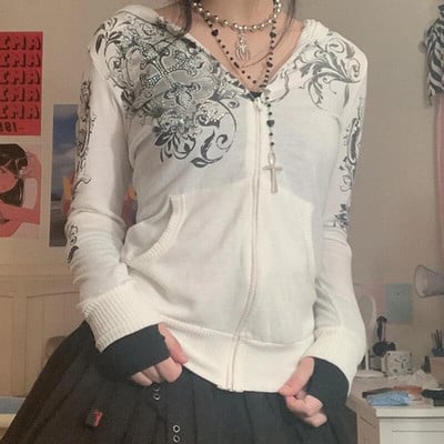 Nákupné centrum Goth Lebky Potlač Retro Mikiny E-girl Gothic Dark Academia Emo Bundy Kabáty 00s Vintage Y2K Grunge Mikiny so zipsom