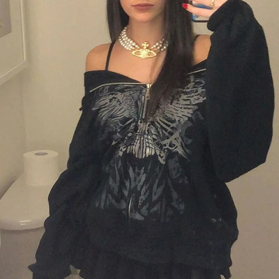 Nákupné centrum Goth Lebky Potlač Retro Mikiny E-girl Gothic Dark Academia Emo Bundy Kabáty 00s Vintage Y2K Grunge Mikiny so zipsom