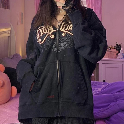 Nákupné centrum Goth Lebky Potlač Retro Mikiny E-girl Gothic Dark Academia Emo Bundy Kabáty 00s Vintage Y2K Grunge Mikiny so zipsom