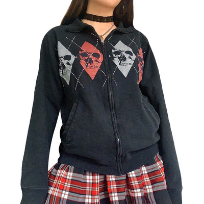 Nákupné centrum Goth Lebky Potlač Retro Mikiny E-girl Gothic Dark Academia Emo Bundy Kabáty 00s Vintage Y2K Grunge Mikiny so zipsom
