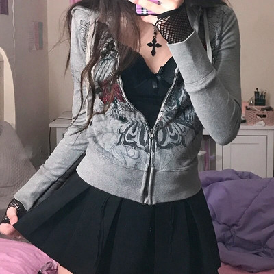 Nákupné centrum Goth Lebky Potlač Retro Mikiny E-girl Gothic Dark Academia Emo Bundy Kabáty 00s Vintage Y2K Grunge Mikiny so zipsom