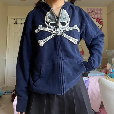 Nákupné centrum Goth Lebky Potlač Retro Mikiny E-girl Gothic Dark Academia Emo Bundy Kabáty 00s Vintage Y2K Grunge Mikiny so zipsom
