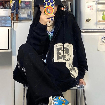 Nákupné centrum Goth Lebky Potlač Retro Mikiny E-girl Gothic Dark Academia Emo Bundy Kabáty 00s Vintage Y2K Grunge Mikiny so zipsom