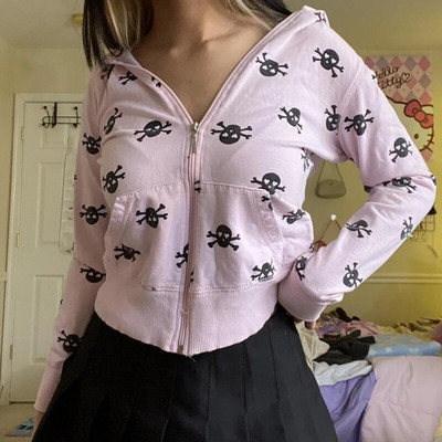 Nákupné centrum Goth Lebky Potlač Retro Mikiny E-girl Gothic Dark Academia Emo Bundy Kabáty 00s Vintage Y2K Grunge Mikiny so zipsom