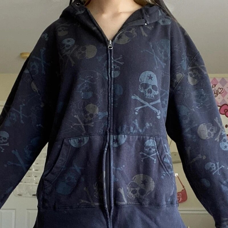 Nákupné centrum Goth Lebky Potlač Retro Mikiny E-girl Gothic Dark Academia Emo Bundy Kabáty 00s Vintage Y2K Grunge Mikiny so zipsom