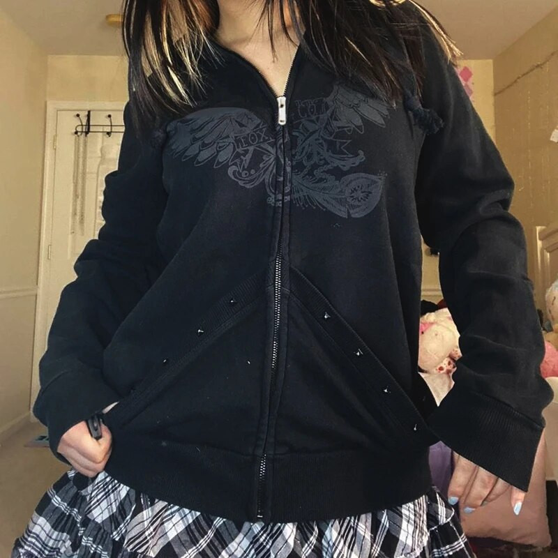 Nákupné centrum Goth Lebky Potlač Retro Mikiny E-girl Gothic Dark Academia Emo Bundy Kabáty 00s Vintage Y2K Grunge Mikiny so zipsom
