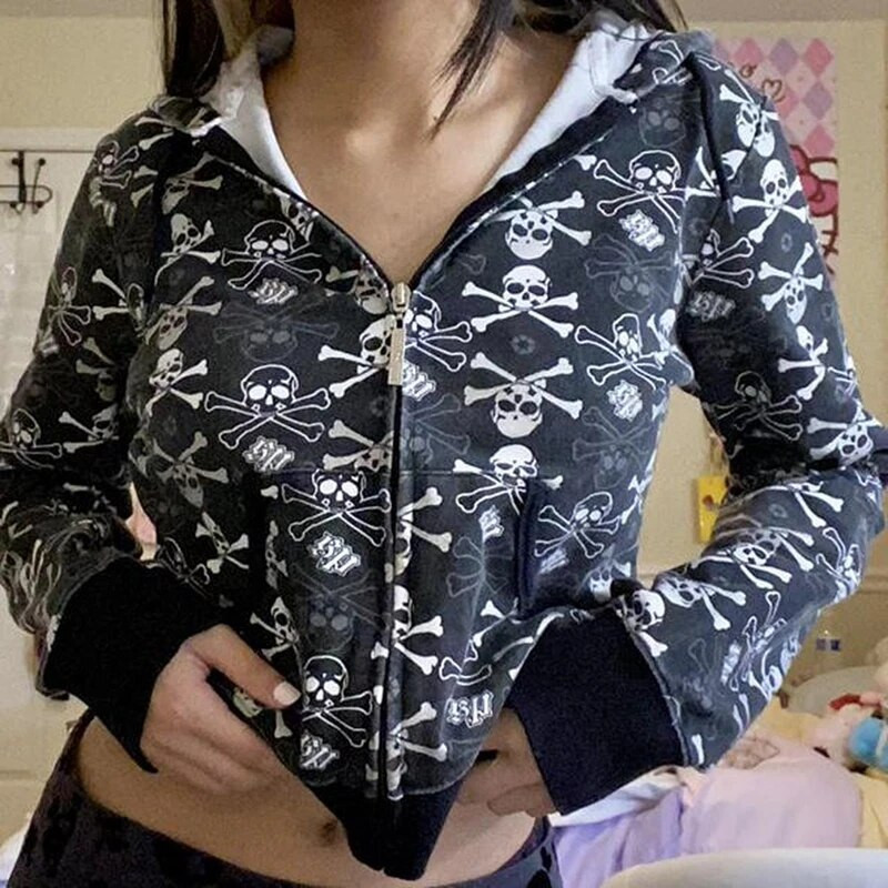 Nákupné centrum Goth Lebky Potlač Retro Mikiny E-girl Gothic Dark Academia Emo Bundy Kabáty 00s Vintage Y2K Grunge Mikiny so zipsom