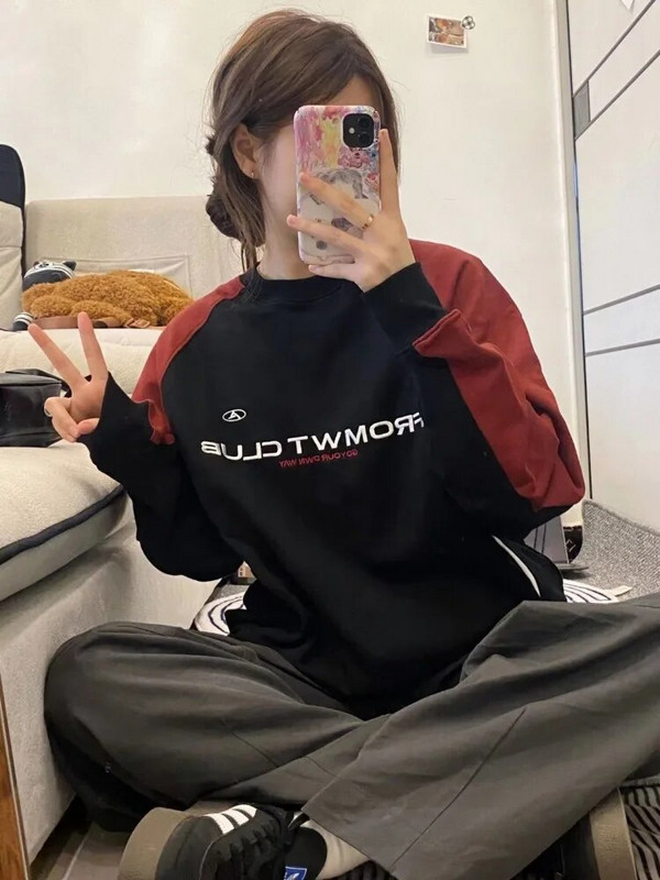 HOUZHOU Vintage Y2K Patchwork Crewneck Mikiny pre ženy Harajuku Kpop Letter Print Oversize Dlhý rukáv Mikiny s kapucňou Kórejská bavlna