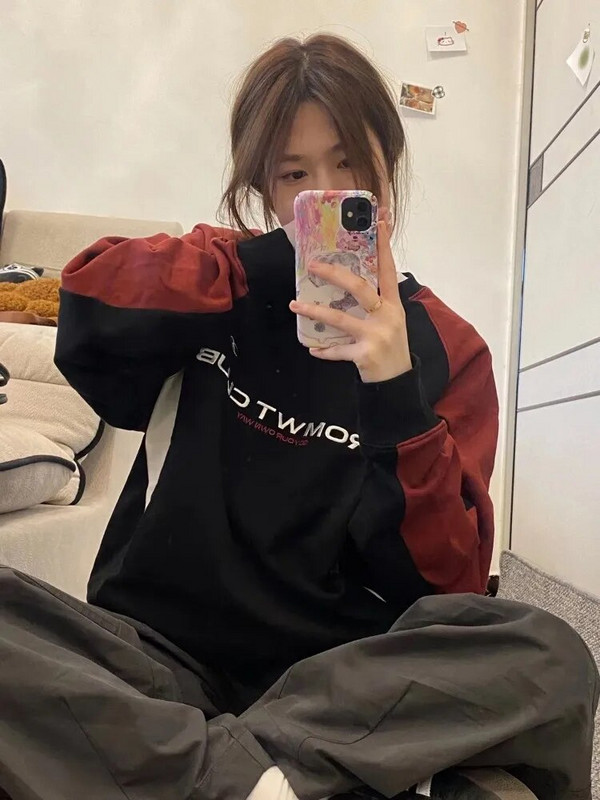 HOUZHOU Vintage Y2K Patchwork Crewneck Mikiny pre ženy Harajuku Kpop Letter Print Oversize Dlhý rukáv Mikiny s kapucňou Kórejská bavlna