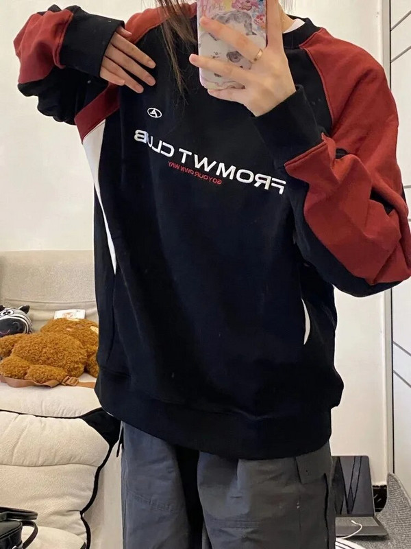 HOUZHOU Vintage Y2K Patchwork Crewneck Mikiny pre ženy Harajuku Kpop Letter Print Oversize Dlhý rukáv Mikiny s kapucňou Kórejská bavlna