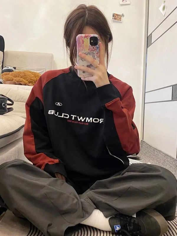 HOUZHOU Vintage Y2K Patchwork Crewneck Mikiny pre ženy Harajuku Kpop Letter Print Oversize Dlhý rukáv Mikiny s kapucňou Kórejská bavlna