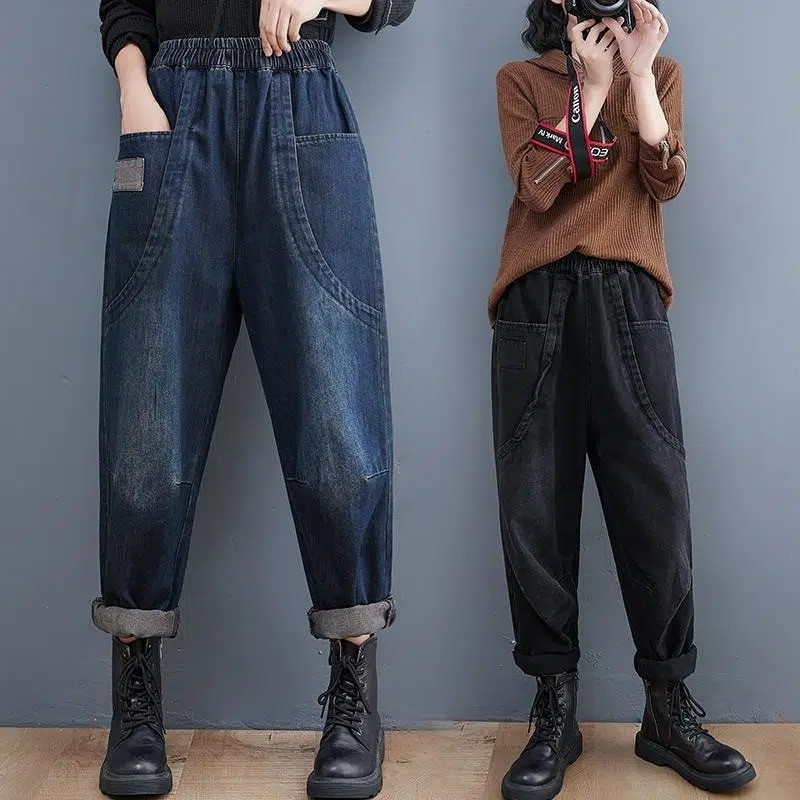 Aukštu juosmeniu, 90 kg, iki kulkšnies ilgio Haremo džinsai Baggy laisvalaikio senovinės moteriškos džinsinės kelnės Korėjietiškos gatvės aprangos tiesios „Vaqueros“