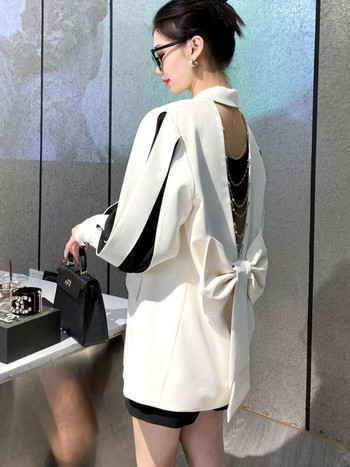 2023 블레이저 Κομψό μακρυμάνικο μαύρο σακάκι Γυναικεία εξώπλατη κούφια αλυσίδα φιόγκο λευκό σακάκι με φανάρι μανίκια Κορεάτικα λεπτά παλτό