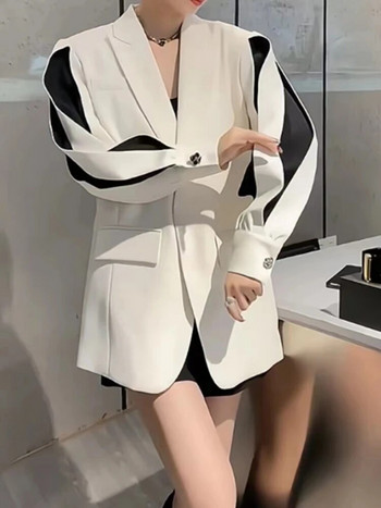 2023 블레이저 Κομψό μακρυμάνικο μαύρο σακάκι Γυναικεία εξώπλατη κούφια αλυσίδα φιόγκο λευκό σακάκι με φανάρι μανίκια Κορεάτικα λεπτά παλτό