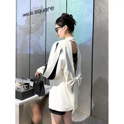 2023 블레이저 Elegantné dámske sako s dlhým rukávom a otvoreným chrbtom, dutou retiazkovou mašľou a bielym rukávom, bunda, kórejské tenké kabáty