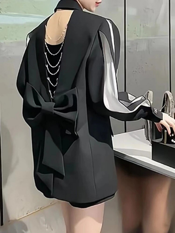 2023 블레이저 Elegantné dámske sako s dlhým rukávom a otvoreným chrbtom, dutou retiazkovou mašľou a bielym rukávom, bunda, kórejské tenké kabáty