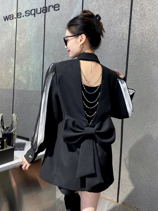 2023 블레이저 Elegantné dámske sako s dlhým rukávom a otvoreným chrbtom, dutou retiazkovou mašľou a bielym rukávom, bunda, kórejské tenké kabáty