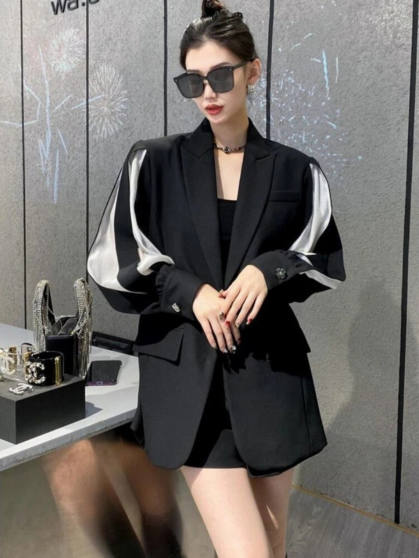 2023 블레이저 Elegantné dámske sako s dlhým rukávom a otvoreným chrbtom, dutou retiazkovou mašľou a bielym rukávom, bunda, kórejské tenké kabáty