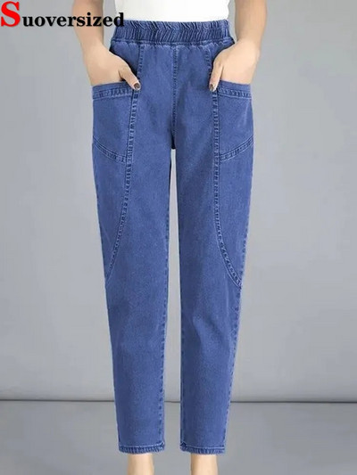 Vintage talie înaltă, până la glezne, blugi albaștri Pantaloni harem elastici din denim mărime mare 4xl femeie Jogger Vaqueros Casual baggy Spodnie