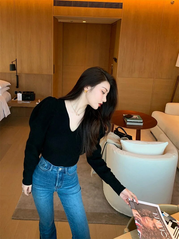 Blugi de damă Pantaloni evazați Pantaloni albaștri pentru femei cu buzunare talie înaltă, fund evazat cu clopoței Nou în denim la modă Harajuku