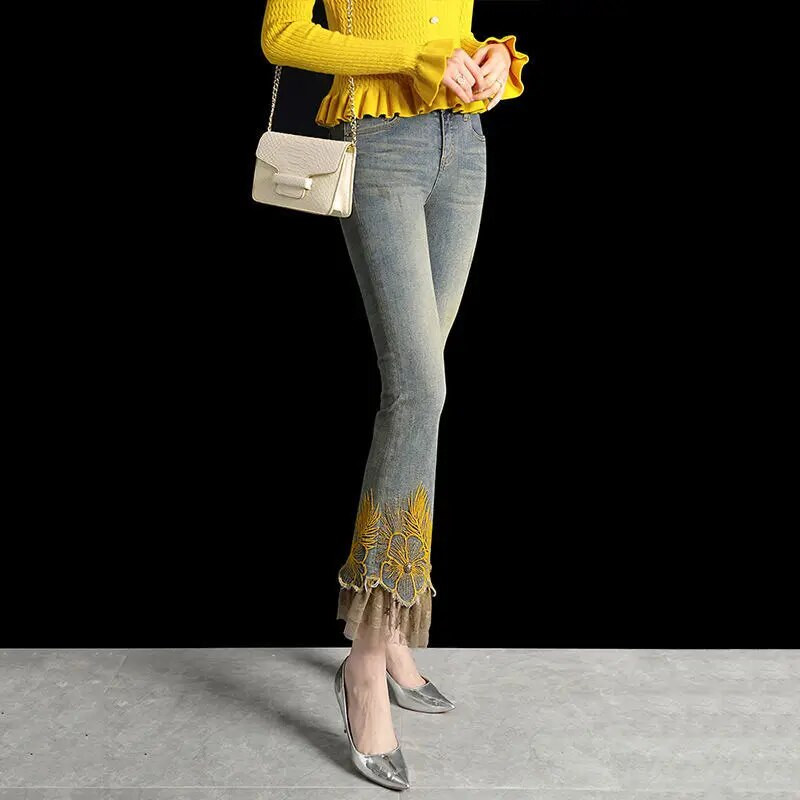 Najpredávanejšie nové značkové luxusné čipkované vyšívané nohavice dámske skinny strečové džínsy dámske ležérne slim fit nohavice vintage modré