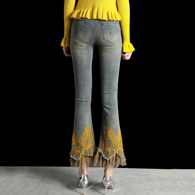 Najpredávanejšie nové značkové luxusné čipkované vyšívané nohavice dámske skinny strečové džínsy dámske ležérne slim fit nohavice vintage modré