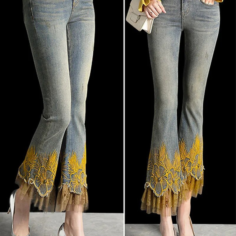Najpredávanejšie nové značkové luxusné čipkované vyšívané nohavice dámske skinny strečové džínsy dámske ležérne slim fit nohavice vintage modré