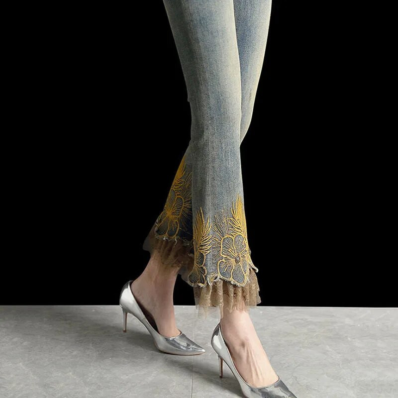 Najpredávanejšie nové značkové luxusné čipkované vyšívané nohavice dámske skinny strečové džínsy dámske ležérne slim fit nohavice vintage modré