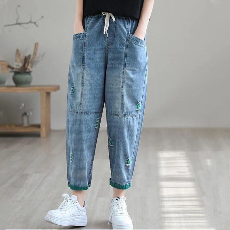 Ripped Splice, largi, blugi harem până la glezne, pantaloni elastici din denim cu talie înaltă, pantaloni casual, pantaloni coreeni
