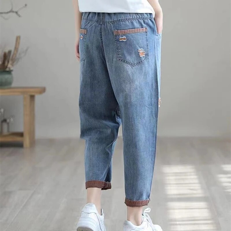 Ripped Splice, largi, blugi harem până la glezne, pantaloni elastici din denim cu talie înaltă, pantaloni casual, pantaloni coreeni