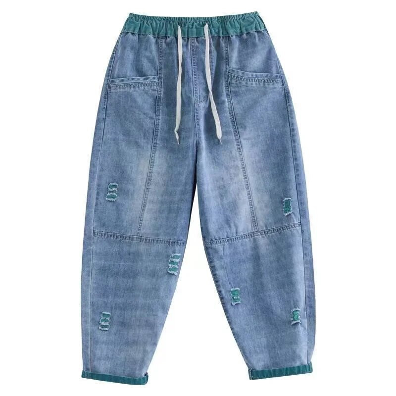 Ripped Splice, largi, blugi harem până la glezne, pantaloni elastici din denim cu talie înaltă, pantaloni casual, pantaloni coreeni