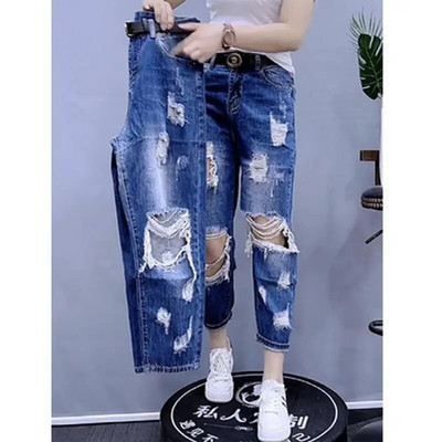 Blugi coreeni cu găuriFemei, primăvară, vară, largi, pantaloni de denim cu talie înaltă, femei, drepte, cu nouă puncte, pantaloni harem cowboy W692
