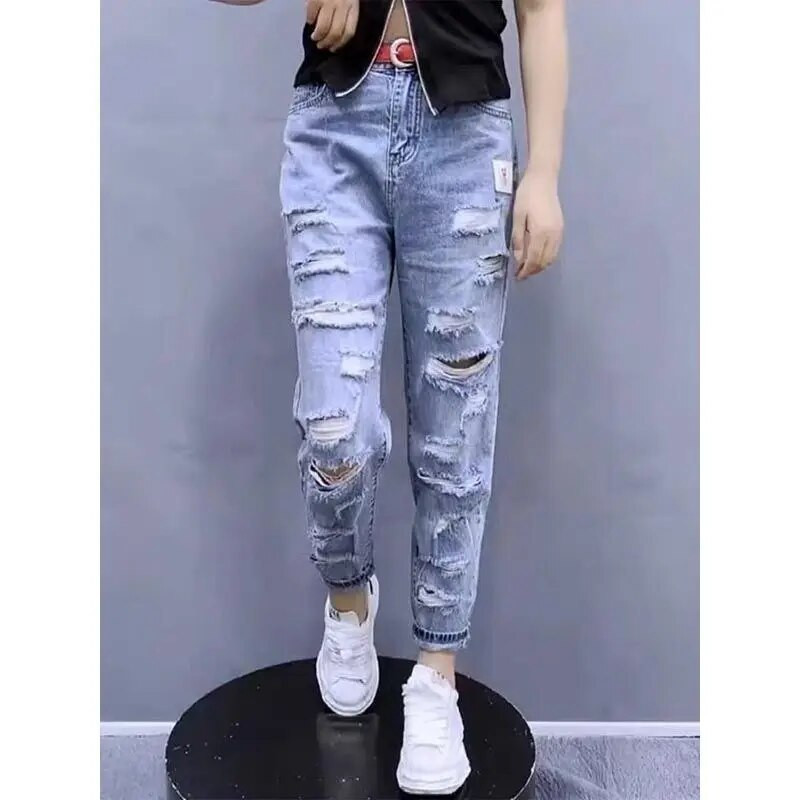 Blugi coreeni cu găuriFemei, primăvară, vară, largi, pantaloni de denim cu talie înaltă, femei, drepte, cu nouă puncte, pantaloni harem cowboy W692