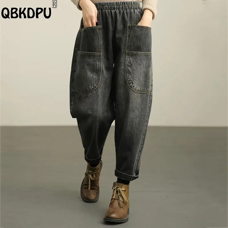 Utcai ruházat, bokahosszú hárem farmer Női alkalmi punk táskás farmer nadrág Vintage design magas derekú Vaqueros divatos nadrág