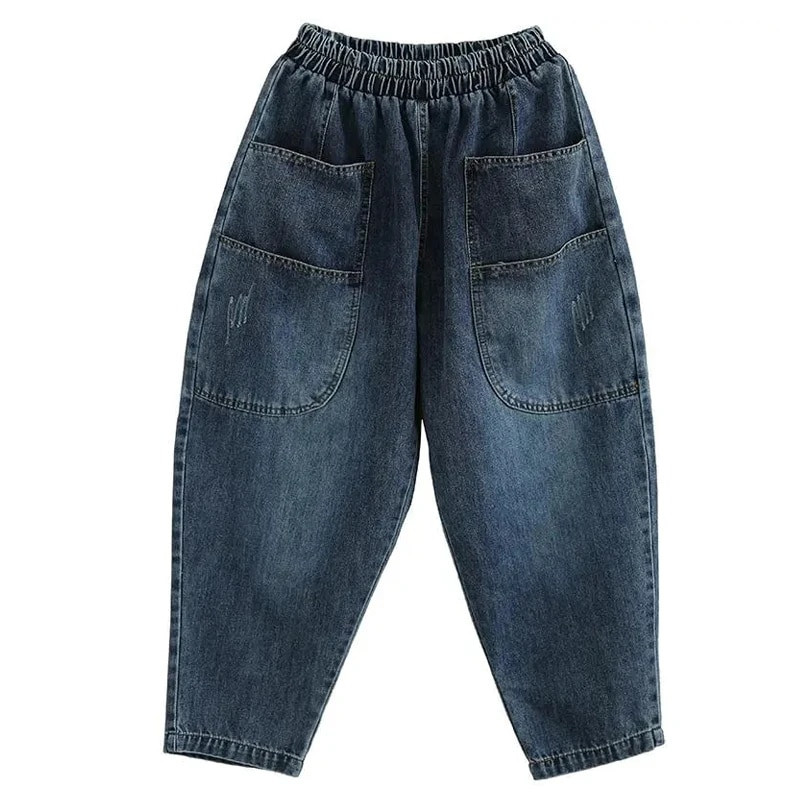 Utcai ruházat, bokahosszú hárem farmer Női alkalmi punk táskás farmer nadrág Vintage design magas derekú Vaqueros divatos nadrág