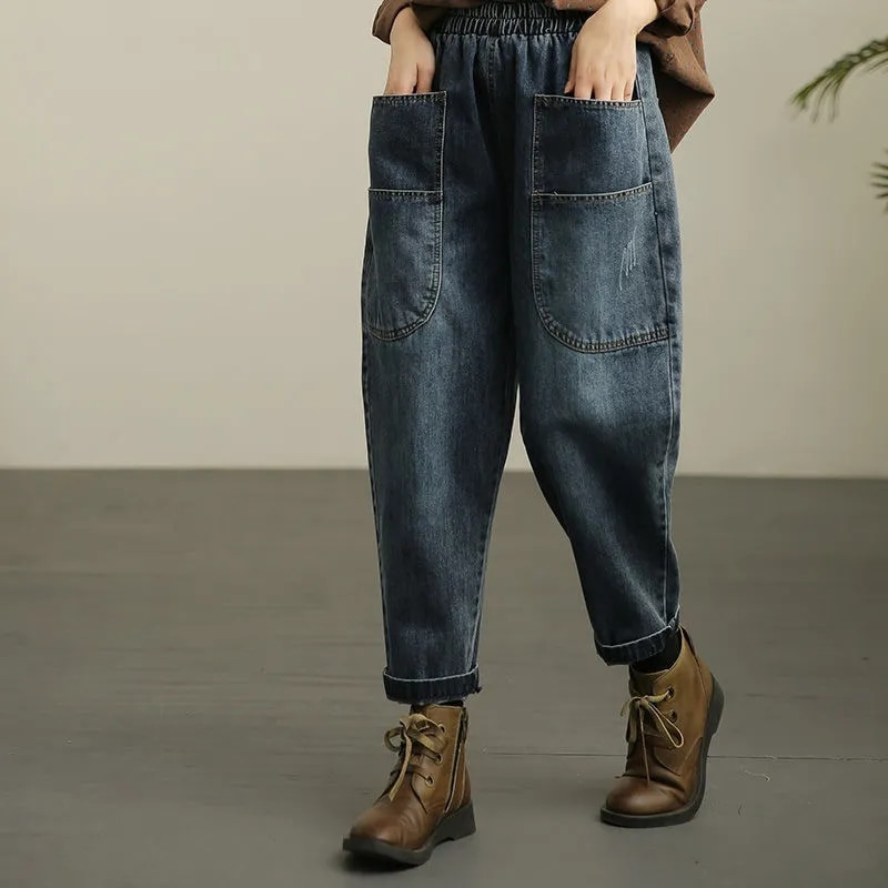 Oversize 90 kg Blugi Jogger Casual Femei Pantaloni Harem din Denim cu talie înaltă Buzunar Vaqueros Lungime la gleznă Pantalon de primăvară
